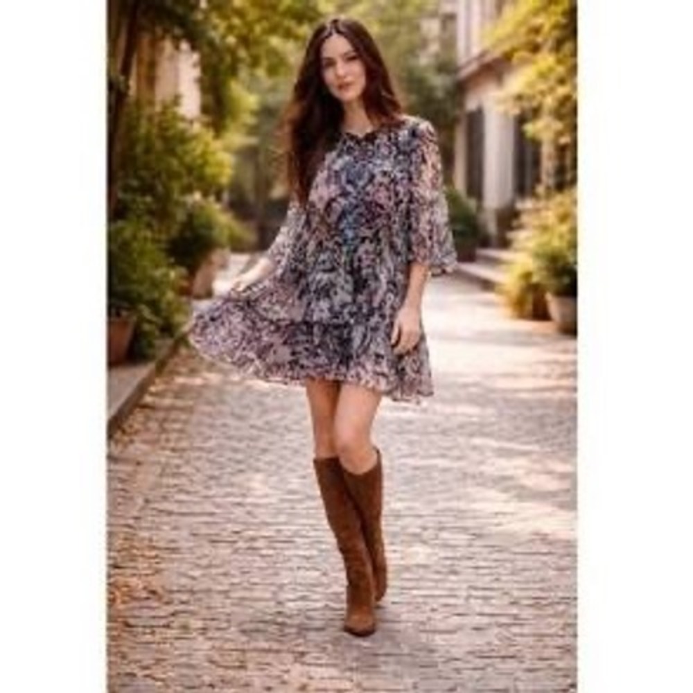 Johnny Was Jade Elaine Silk Chiffon Mini Dress Multi Color Abstract Print Small
